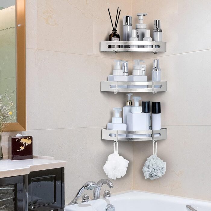 Yorbay Shower Shelf No Drilling with Mounting Material, Corner Shower Shelf No Drilling, Triangle Bathroom Shelf Made of Aluminum with Hooks, Bathroom Shelf 3-Piece Set