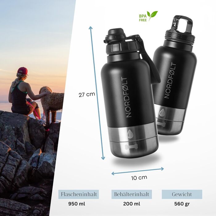 Водяна пляшка для собак на прогулянці 4-в-1, 950 мл, з мисками для води та корму, з нержавіючої сталі, BPA-Free