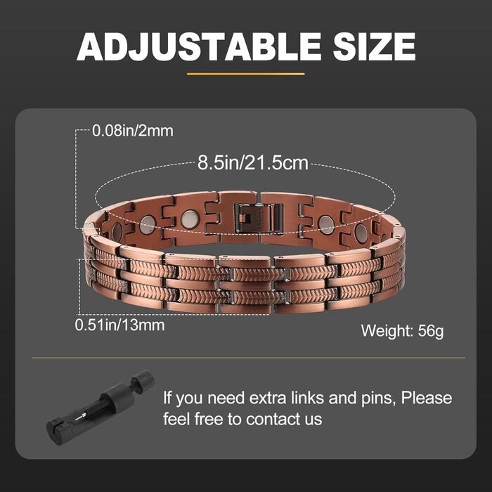 Браслет BioMag з міді для чоловіків: зняття болю при артриті, терапевтичний ефект, регульований розмір, подарункова коробка