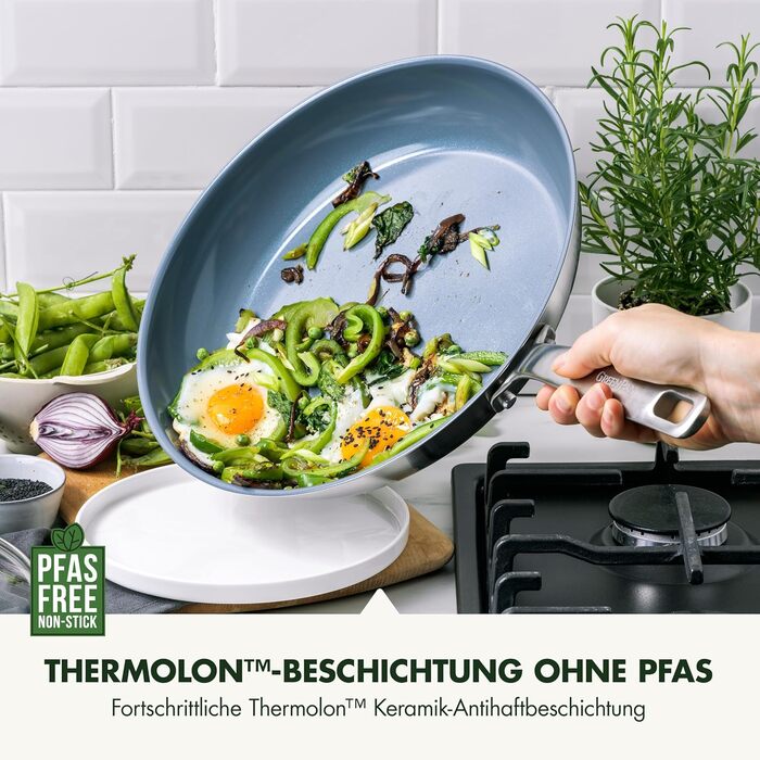 GreenPan Treviso: 10-ти речівий набір посуду з нержавіючої сталі з керамічним антипригарним покриттям, без PFAS, для індукційних плит, сумісний з духовкою, можна мити в посудомийній машині, срібний
