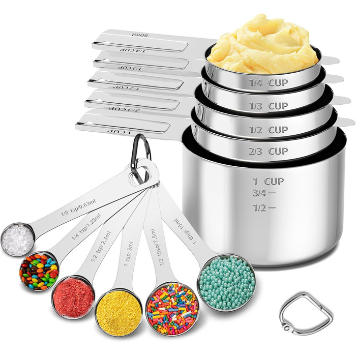 Measuring cup and spoon set, stainless steel measuring cups, measuring spoons with easy-to-read markings, ideal kitchen aids for cooking and baking, 13 pieces