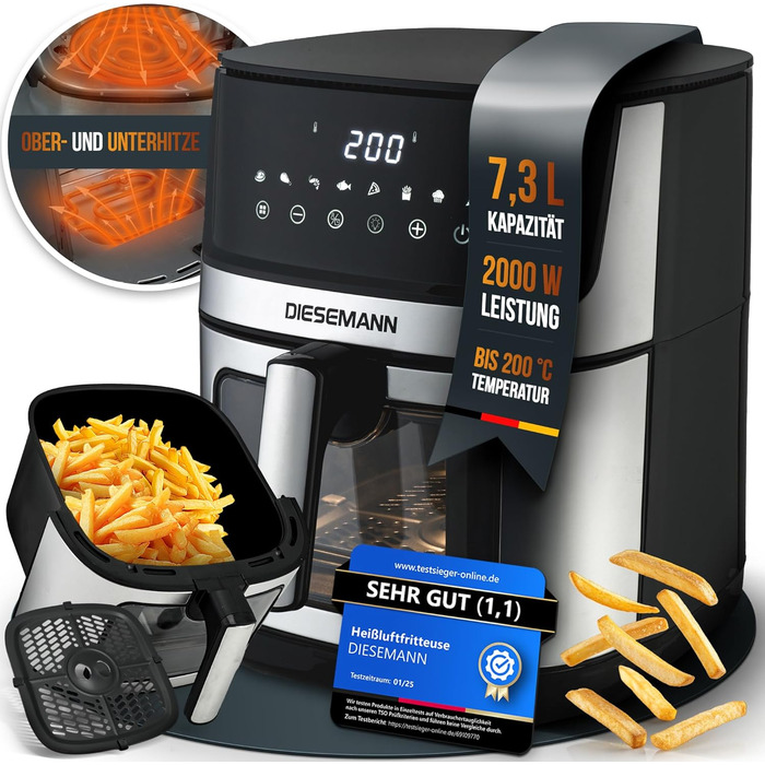 Фритюрниця повітряна DIESEMANN XXL 7.3L – 2000W з 2 нагрівальними елементами (верхній та нижній нагрів), вікно огляду та 8 програмами – для смаження, випікання та грилю без олії
