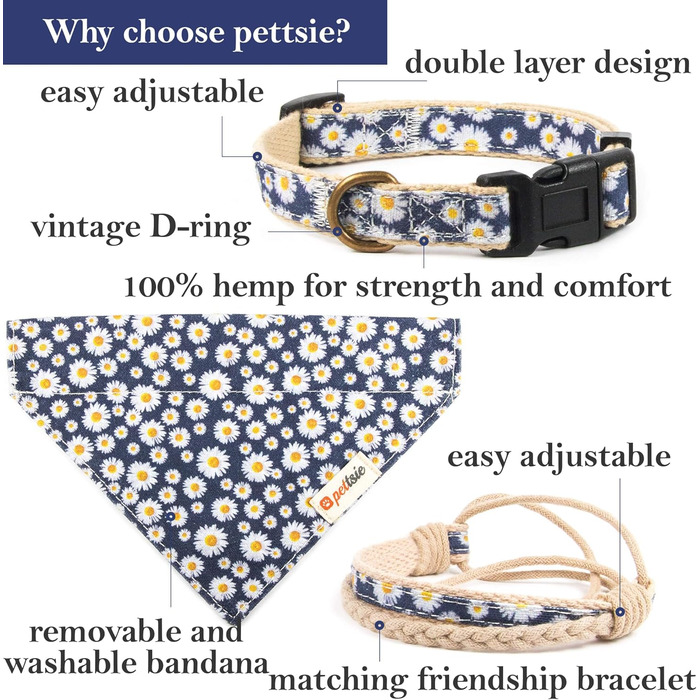 Pettsie Dog Collar with Bandana Cloth and Friendship Bracelet, Adjustable Sizes S, M, and L, Strong and Durable, Great Gift for Dog Lovers in Attractive Packaging, M, Pink (L (18.0 - 26.0 inches), Dark Blue)