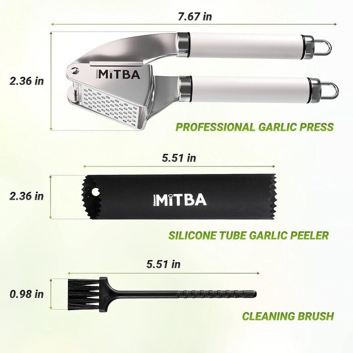 MiTBA Garlic Press Set with Non-Slip Grips - Includes Silicone Tube Peeler & Cleaning Brush