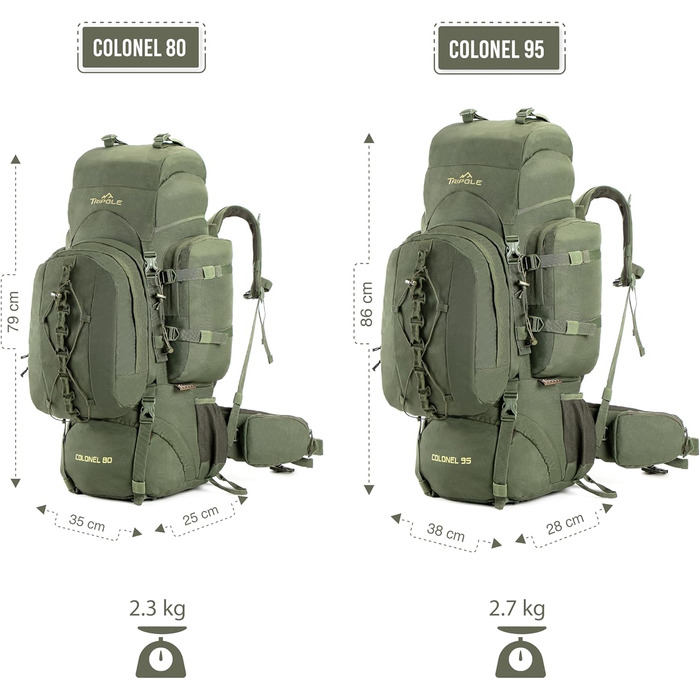 Tripole Rucksack from the Colonel Series with Internal Frame - Featuring Detachable Daypack and Rain Cover (95 Liters, Green (Army Green))