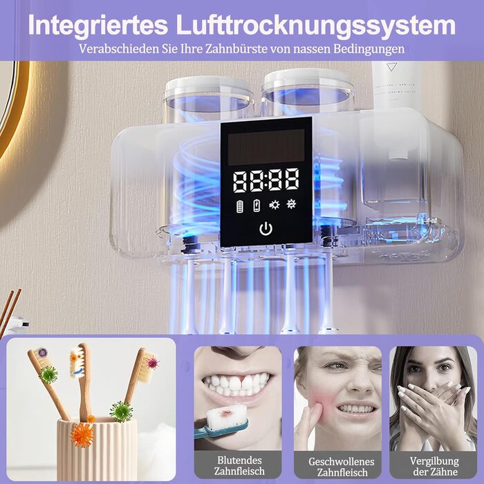 Тримач для зубних щіток Maxspace з УФ стерилізатором, сушаркою, сонячною зарядкою та автоматичним очищенням, настінний, 4 слоти, 2 чашки (білий)