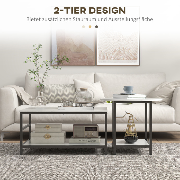 HOMCOM Set of 2 Side Tables/Coffee Tables/Accent Tables with Modern Design and Marble Look for Living Room, Bedroom, Steel