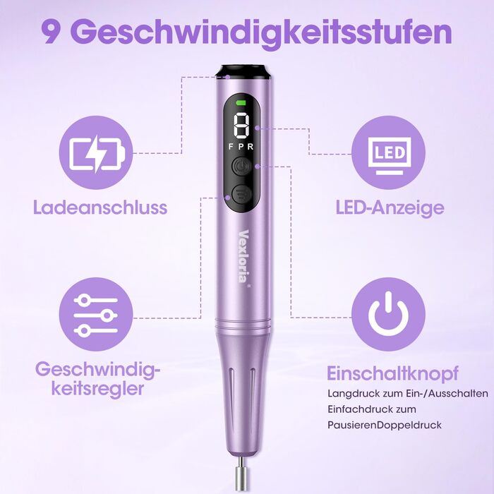 Електричний фрезер для нігтів 11 в 1, професійний, для гель та акрил, регулювання швидкості, манікюр та педикюр, фіолетовий