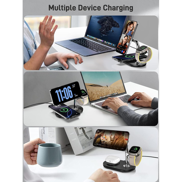 Бездротовий зарядний пристрій 3-в-1 для Apple iPhone, Apple Watch та AirPods, сумісний з моделями 16/15/14/13/12, 10/9/8/7/6/SE, 4/Pro