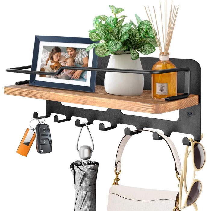 Дерев'яне ключове дошка JiangLin з полицею, декоративний тримач для ключів, настінна організація для ключів з 7 гачками, для входу, коридору, вітальні, чорний