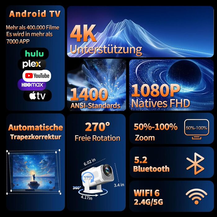 4K проєктор Beamer Full HD 1080P Android: портативний міні-проєктор з WiFi 6, Bluetooth 5.2, 270° обертанням, підтримкою PC/HDMI/USB, з пультом та мишкою, білий