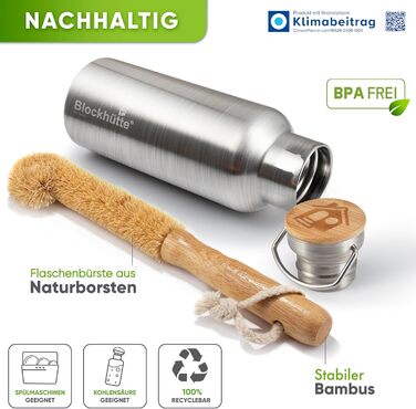 Blockhut Premium Stainless Steel Insulated Water Bottle | 1L | with Natural Bristle Brush | Insulated, Leak-Proof Bottle | Insulated Flask Dishwasher-Safe for University, Office | BPA Free