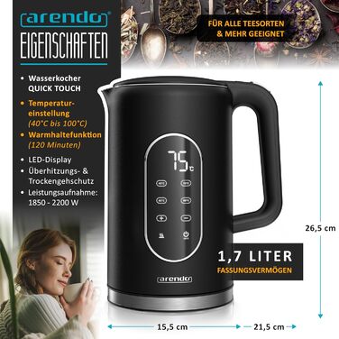 Електричний чайник Arendo з регулюванням температури, нержавіюча сталь, подвійні стінки Cool Touch, дисплей, бездротовий, 2200 Вт, 1.7л, захист від перегріву, функція підтримання тепла, чорний