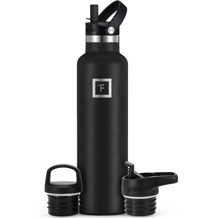 Термофляга IRON °FLASK Edelstahl 710 мл, чорна. Металева, двошарова, ізольована, без BPA. З трьома кришками (поїльник, соломинка). Для спорту, школи, фітнесу, кемпінгу.