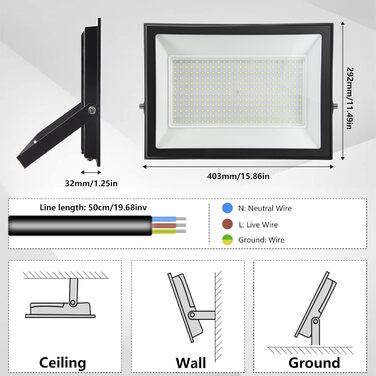 300W LED Floodlight Outdoor, IP65 Waterproof Outdoor Floodlight LED Spot 30000LM Spotlight Floodlight, Outdoor Floodlight for Backyard, Garden, Workshop, Yard, Driveway, Doors, Garage, Hallway