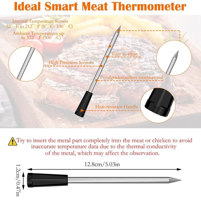 Бездротовий термометр для м'яса Smarte з Bluetooth, 100 м, IPX7, для приготування на грилі, в духовці, BBQ, ротисерії та коптильні