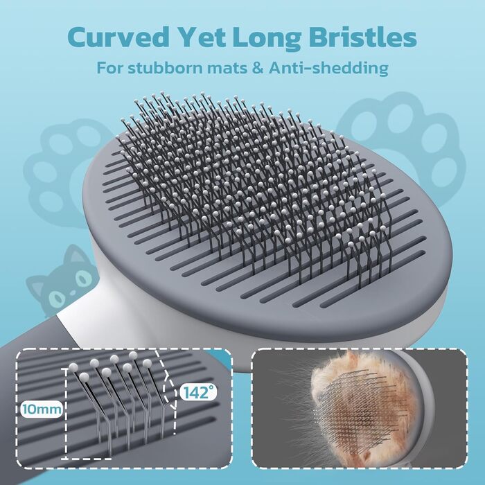 Зівакат Щітка для котів та собак. Самоочисна щітка з ергономічною ручкою та запатентованим дизайном. Підходить для собак та котів з короткою та довгою шерстю, а також для кроликів. (Сірий)