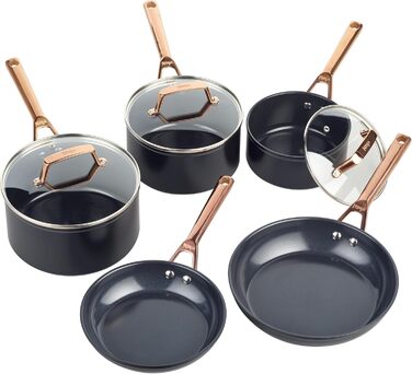 Набір посуду Ninja Extended Life з керамічним покриттям (5 предметів): сковороди 20 та 24 см + каструлі з кришкою 16, 18 та 20 см. Без PFOA, PFOA, свинцю та кадмію, термостійкий до 285°C. Колір: мідний/чорний