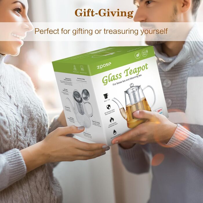 Скляний чайник з ситом 1200-1500 мл з боросилікатного скла з мірною шкалою для листового чаю та чайних квітів, подарунковий набір