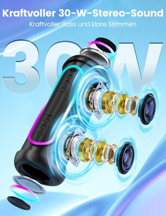 Портативна Bluetooth колонка UOHHBOE 30W з RGB підсвічуванням, TWS Stereo, 24 години роботи, IPX5 водонепроникність