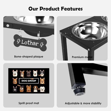 Миска для собак ADENGL на підставці, 40,6 см, з нержавіючої сталі, 2 миски, антивитікаюча підкладка, для великих та екстра-великих порід, чорний колір