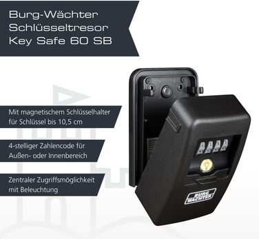 Кейс-сейф для ключів Burg-Wächter Key Safe 60 L SB з 4-значним кодом, магнітний, з підсвіткою, для зовнішнього та внутрішнього монтажу, чорний