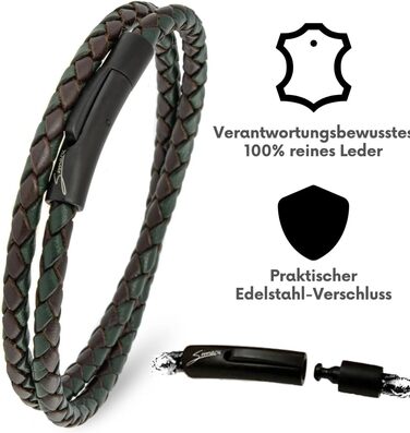 Преміум шкіряний браслет ручної роботи з Німеччини, унісекс. Обплетений шкіряний браслет з нержавіючої сталі, темно-зелений (S - до 16 см)