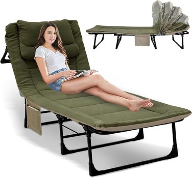 Розкладне ліжко для кемпінгу XXL - широке кемпінгове ліжко, розкладне ліжко, карпове ліжко з регульованою спинкою, ліжко для саду та відпочинку на відкритому повітрі (зелене)