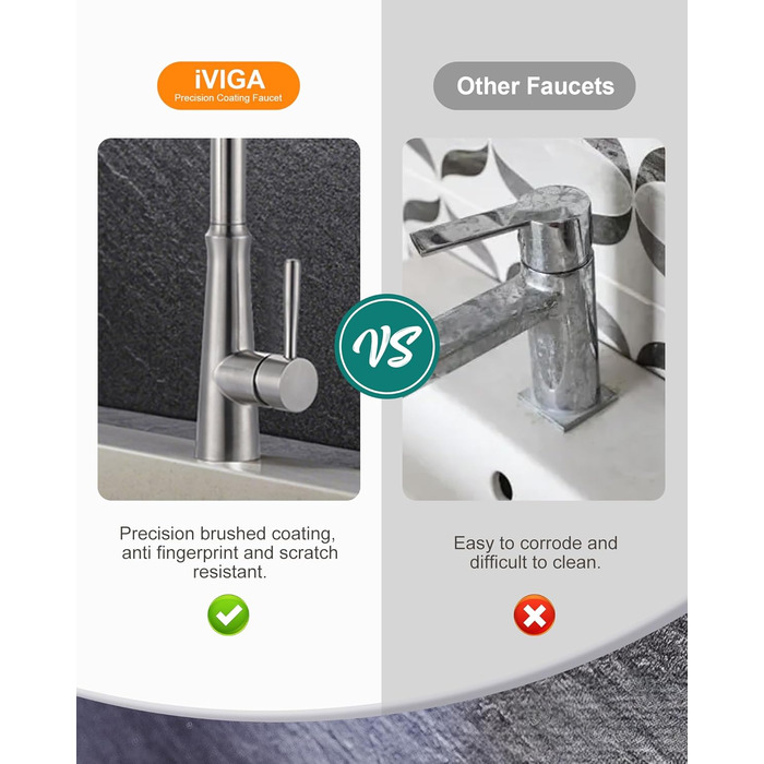 Змішувач кухонний iVIGA висувний з дозатором, водоспад, 360° поворот, 3 режими, щітене нікель