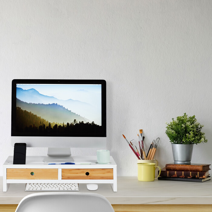 Relaxdays Bamboo Monitor Stand with 2 Drawers, White