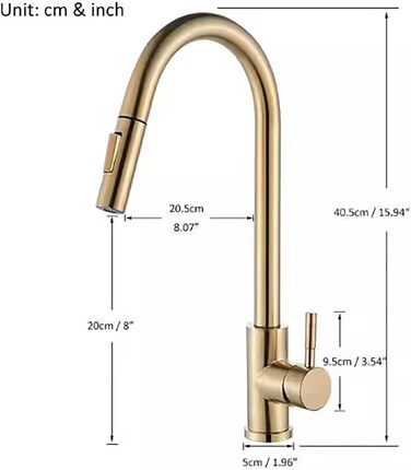 Кухонний змішувач з двома виливами, поворотний на 360°, з високим виливом та спіральною голкою, з нержавіючої сталі (золотий)