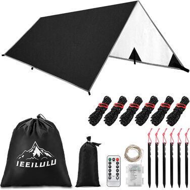 IEEILULU Waterproof Tarp - Camping Tent Footprint - 3x3m/3x4m/3x5m - Ultralight with Stakes, Ropes, and LED Light - for Camping, Outdoor, Hiking, and Hammock Use