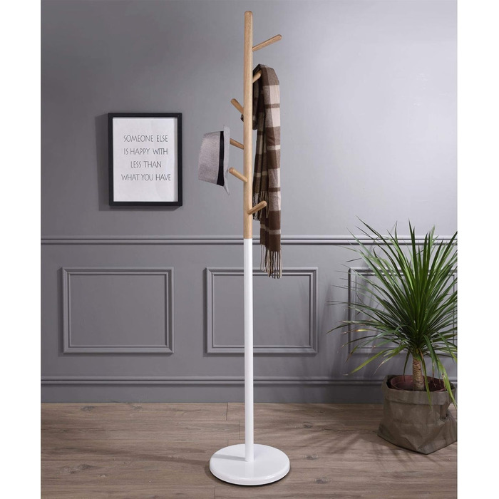 IDIMEX Clothes Rack Enrico, Elegant Standing Coat Rack with 6 Hooks, beautiful coat rack made of metal and pine wood in white/natural