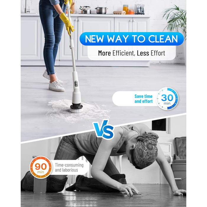 Electric Cleaning Brush, 12-in-1 Electric Spin Scrubber Cordless with 8 Interchangeable Brush Heads, Electric Cleaning Brush with Adjustable Handle for Bathroom, Kitchen, Tiles, Floors, Car (White)