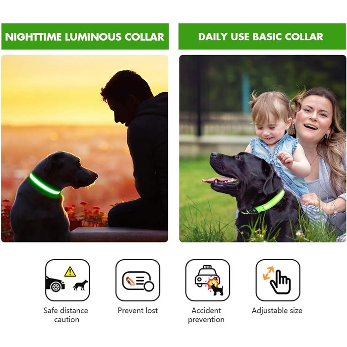 Світловідбиваючий нашийник для собак MABRILL з LED підсвічуванням, водонепроникний, регульований, 3 режими світла, зелений (L)