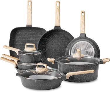 Набір посуду VEVOR індукційний 19 предметів з кришками, антипригарне покриття, для плити, кухні, кемпінгу - чорний