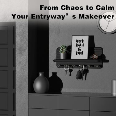 Дерев'яне ключниця з полицею та 6 гачками, ключниця на стіну для прихожей, кухні (чорний)