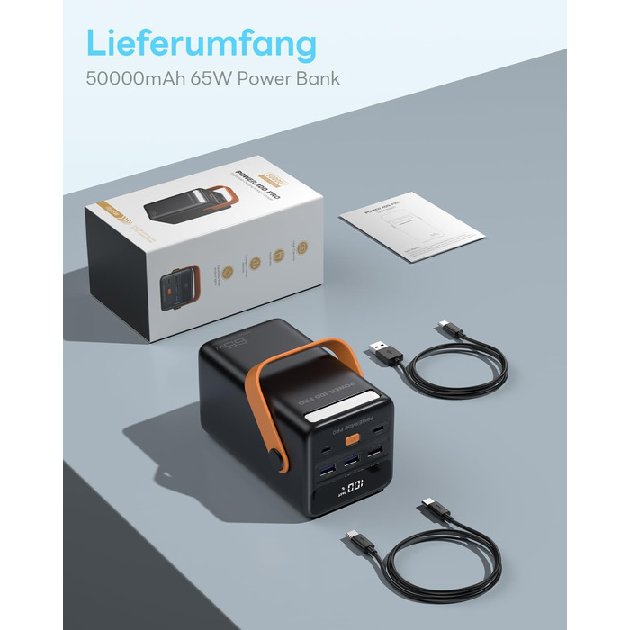 Powerbank 65W з USB-C, 50000mAh, LED дисплеєм, для ноутбуків, MacBook, телефонів (Samsung S23), чорний