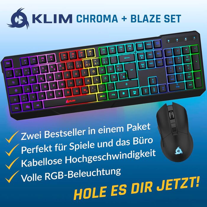 KLIM Chroma Wireless Gaming Tastatur: Бездротова ігрова клавіатура з RGB підсвічуванням, тиха, ергономічна, водонепроникна для PC, Mac, PS4, PS5 (Чорний)