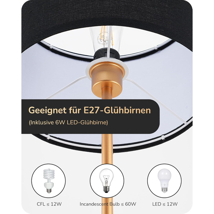 Стійка лампа EDISHINE для вітальні, 160 см, арка, з вимикачем на ніжці, включає LED-лампу E27 (6W, 2700K), абажур з чорного льону, сучасна лампа для спальні