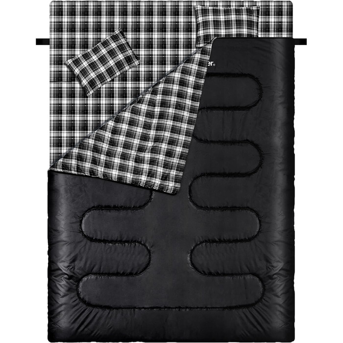 Сплячий мішок Outdoor Sportneer для двох осіб: спальний мішок на 3 сезони, 220x150 см, 2.75 кг з 2 подушками, дорослий ковдровий спальний мішок для сім'ї (без фланелевої підкладки) (Чорний)