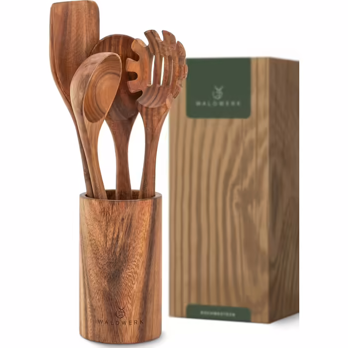 WALDWERK Kitchen Helper Set made of Teak Wood - 4-Piece Cooking Spoon Set with Spatula, Wooden Spoon, Pasta Server, and Holder - Wooden Cooking Spoon - Wooden Spatula - Cooking Utensil Set