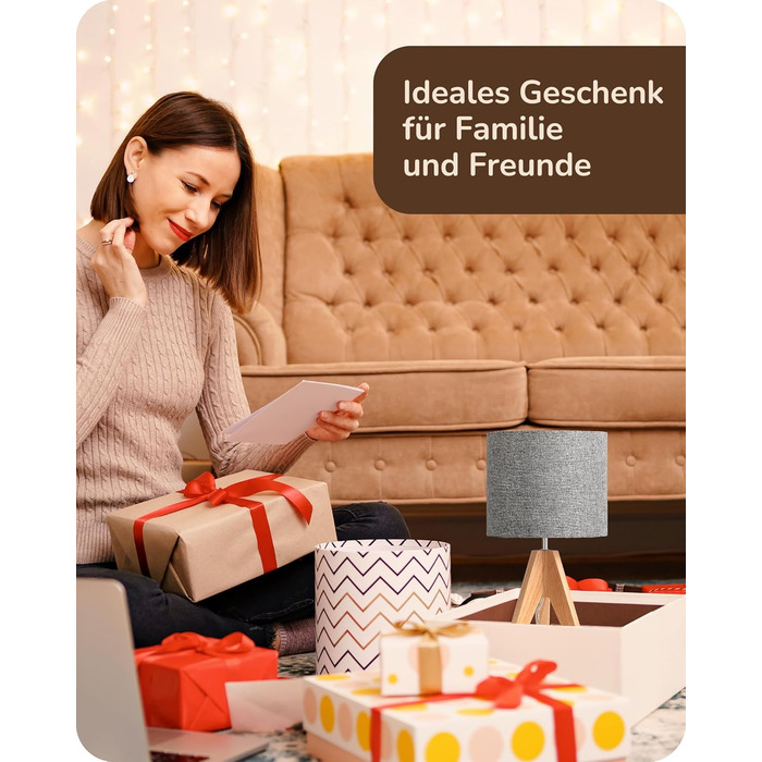 Торшер EDISHINE (2 шт.) з дерева, LED, бежевий абажур з льону, патрон E27, з лампою, вінтажний, для спальні, вітальні, подарунок (сірий)