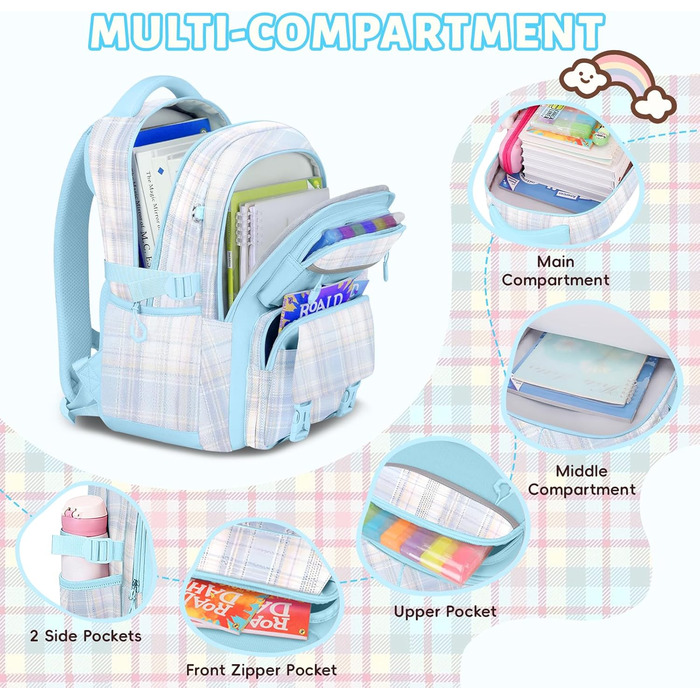 Шкільний рюкзак Tanou для дівчаток, великий, ергономічний, модний каро - ідеальний для підлітків та подорожей (блакитний)