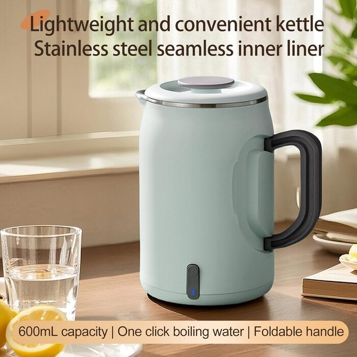 Електричний чайник 0.9л з нержавіючої сталі 304, 1360W, швидке кип'ятіння за 4-6 хвилин, класичний компактний дизайн, кнопка вмикання в один дотик, автоматичне відключення та захист від перегріву, для дому, офісу та любителів кави (світло-зелений)