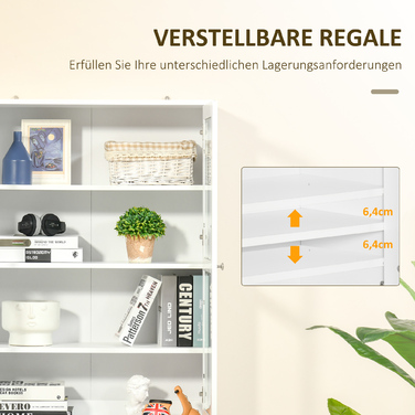 HOMCOM 178.5 cm Tall Bookshelf Display Cabinet with Glass Door, 6 Compartments, Kitchen Cabinet for Living Room, Kitchen - White | Aosom