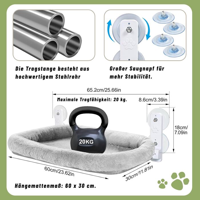 Лежанка для котів на вікно 60x30 см, гамак для котів зі стабільними присосками, складане ліжко для котів на віконну раму, підходить для котів вагою до 20 кг (з ліжком для котів XL, сірий)