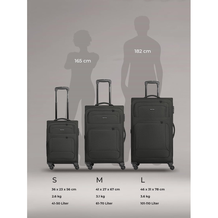 Набір валіз SMARTBOX 3 шт. для жінок та чоловіків | Легкі та міцні валізи-ролери, високоякісний softcase, 4 колеса та кодовий замок | Розширювані з деhnfalten (Edition 04) Чорний