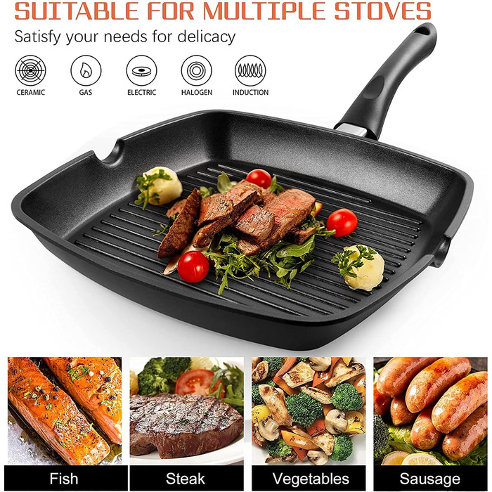 Сковорода гриль 28x28 см з алюмінію з індукційним дном, антипригарна PFOA-free, легка в очищенні