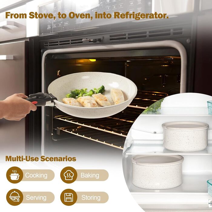 Набір каструль та сковорідок Rossetto 17 предметів з антипригарним покриттям, кераміка, індукційний, для дому та подорожей, знімні ручки, без PFOA та STONE